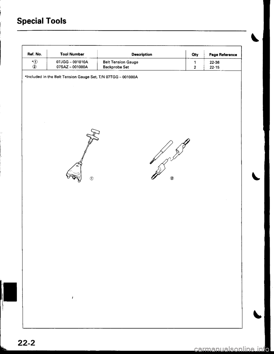 ACURA INTEGRA 1998  Service Repair Manual Special Tools
B€f. No. Tool NumborD€scriptionOty I Pago Roterencr
.o
@
07JGG - 001010A
07sAz - 0010004
Belt Tension Gauge
Backprobe Set
122-36
*lncluded in the Belt Tension Gauge Set. T/N 07TGG - 