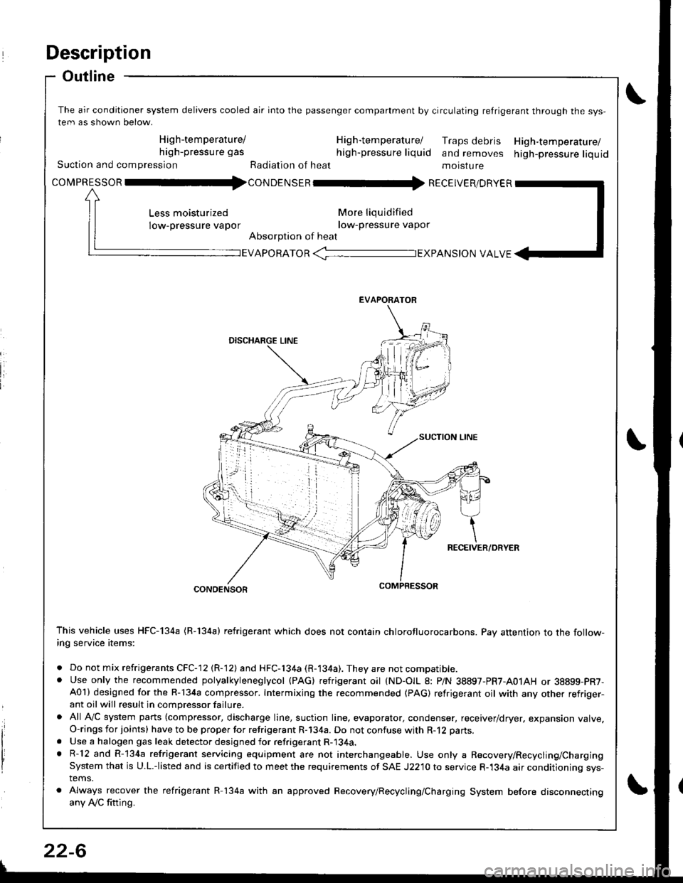 ACURA INTEGRA 1998 Service Repair Manual Description
Outline
The air conditioner system delivers cooled air into the passenger companment by circulating retrigerant through the sys-
tem as shown below.
High-temperature/ H ig h-tem peratu rel ACURA INTEGRA 1998 Service Repair Manual Description
Outline
The air conditioner system delivers cooled air into the passenger companment by circulating retrigerant through the sys-
tem as shown below.
High-temperature/ H ig h-tem peratu rel