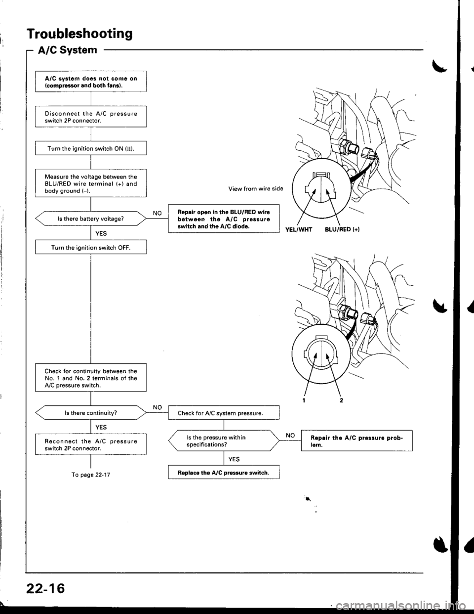 ACURA INTEGRA 1998  Service Repair Manual Troubleshooting
A/C System
I
A/C sy3tem doe! not coms on{cornDrcssor lnd bolh fan3),
Disconnect the A/C pressure
switch 2P connector.
Turn the ignition switch ON (ll).
Measure the voltage between theB