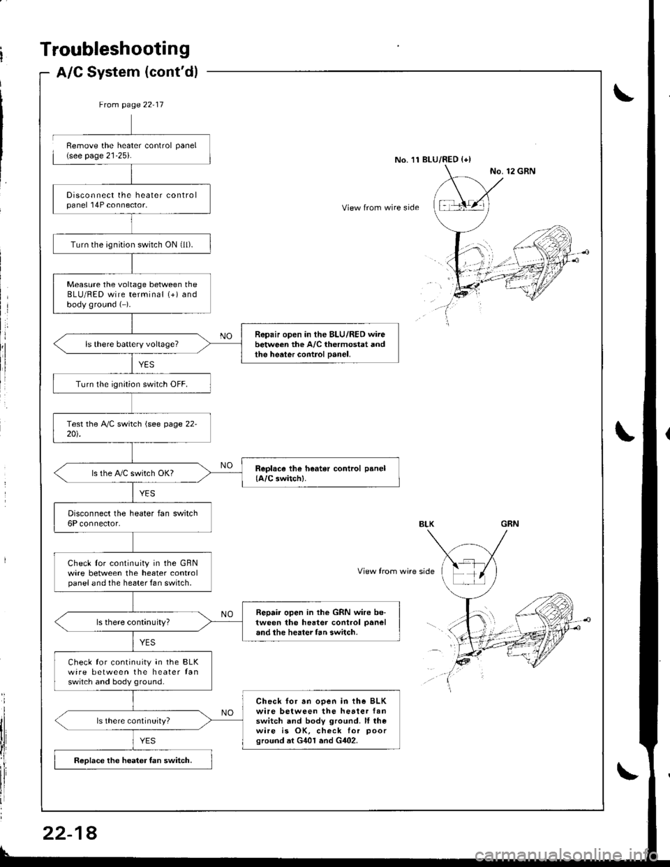 ACURA INTEGRA 1998  Service Repair Manual Troubleshootang
A/C System (contd)
8
Ftom page 22-17
Disconnect the heater controlpanel l4P connector.
Turn the ignition switch ON (ll).
Measure the voltage between theBLU/RED wire terminal (+) andb