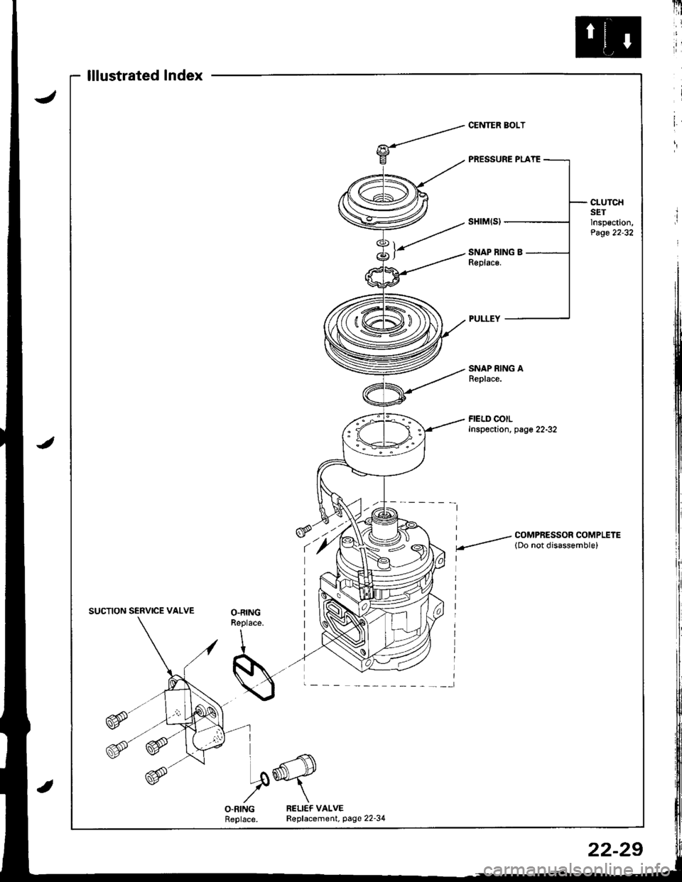 ACURA INTEGRA 1998  Service Repair Manual lllustratedlndex
CLUTCHSETlnspection,Page 22-32
SNAP RING AReplace.
FIELD COILInspection, page 22-32
I / COMPRESSOR COMPLETE
.-- lDo not disassemble)
SUCTION SERVICE VALVEO.RINGReplace.
I
S..-
VX
I
I 