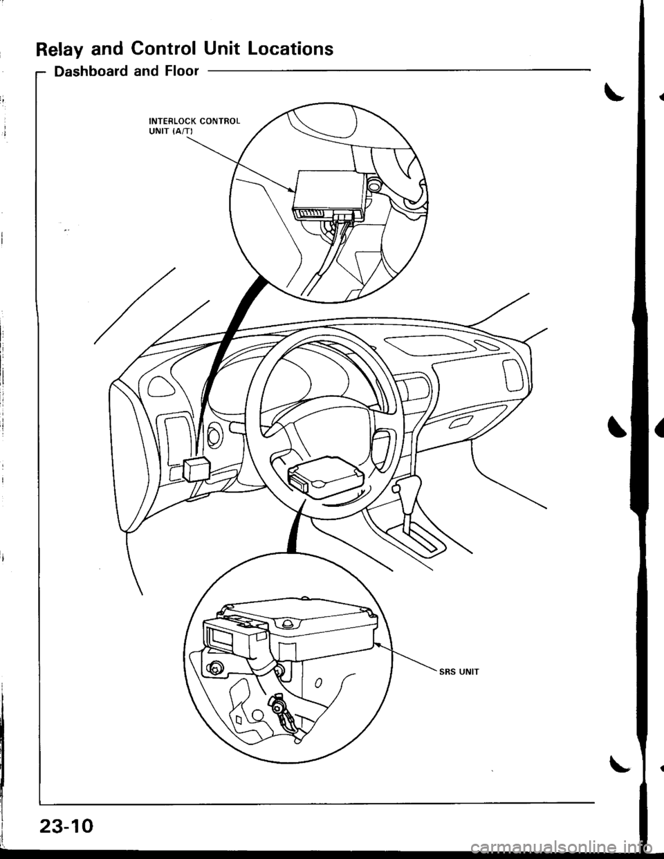 ACURA INTEGRA 1998  Service Repair Manual Relay and ControlUnit Locations
Dashboard and Floor
INTERLOCK CONTROLUNIT {A/T)
SS
23-10 