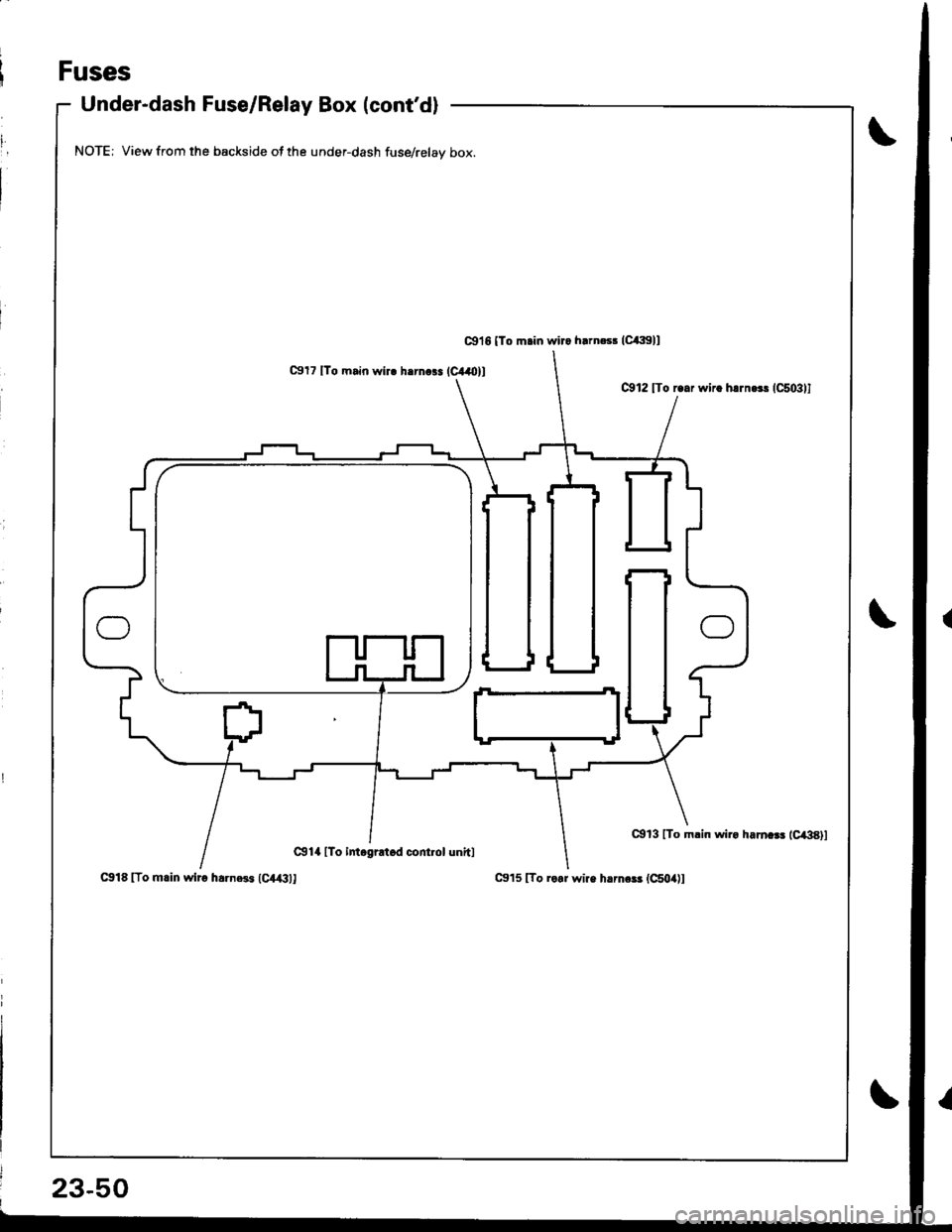 ACURA INTEGRA 1998  Service Repair Manual Fuses
Under-dash Fuse/Relay Box (contd)
NOTE; View from the backside of the under-dash fuse/relav box.
C9l7 lTo main wir. hrrn63 (C+Oll
C!14 [To intogrrtod cont.ol unhl
Cll8lTo m.in wiro h.rnegr (C,l