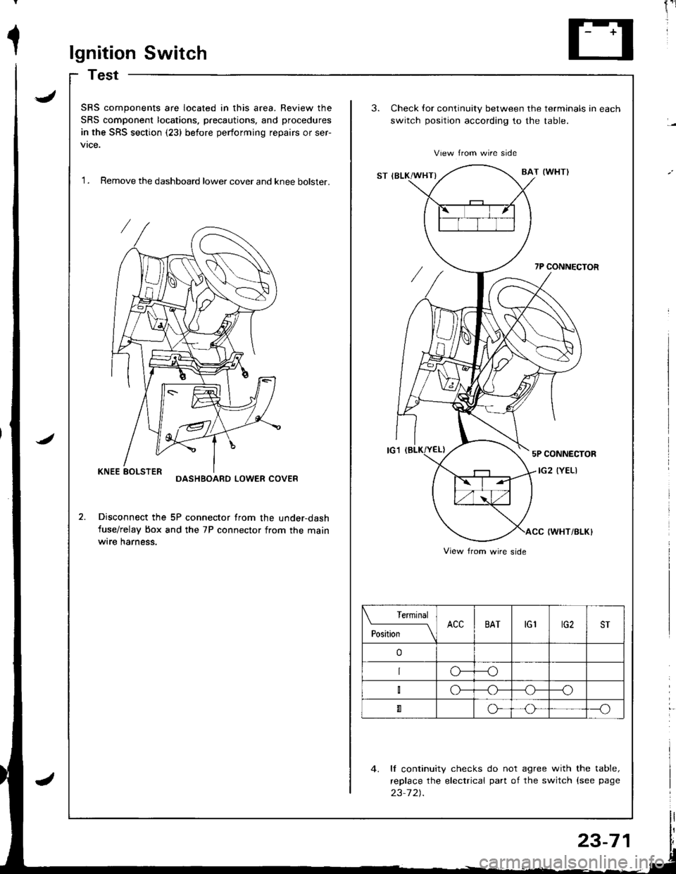 ACURA INTEGRA 1998  Service Repair Manual 1lgnition Switch
Test
J
J
SRS components are located in this area. Review the
SRS component locations. precautions, and procedures
in the SRS section (23) before performing repairs or ser-
vtce.
I . 