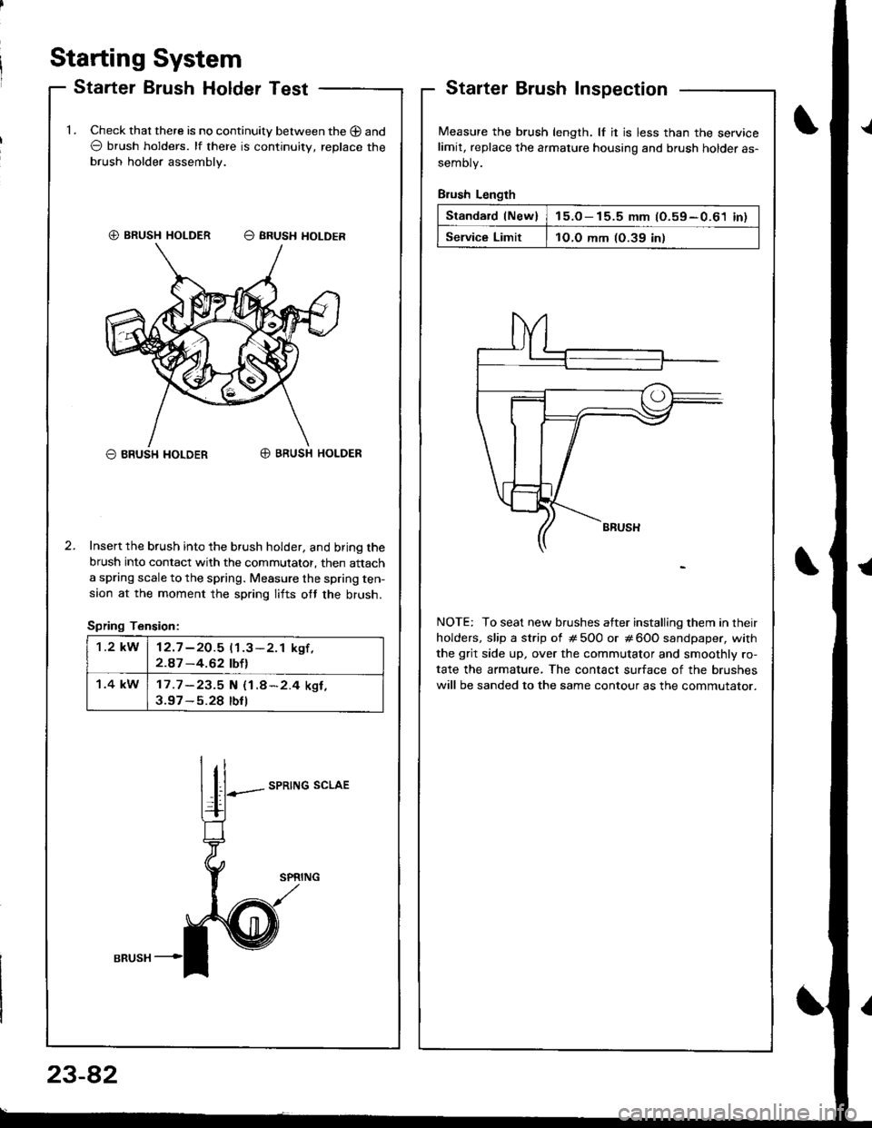 ACURA INTEGRA 1998 Service Repair Manual Staning System
Starter Brush Holder TestStarterInspection
Measure the brush length. lf it is less than the servicelimit, replace the armature housing and brush holder as-
semoty.
Brush Length
Standard ACURA INTEGRA 1998 Service Repair Manual Staning System
Starter Brush Holder TestStarterInspection
Measure the brush length. lf it is less than the servicelimit, replace the armature housing and brush holder as-
semoty.
Brush Length
Standard