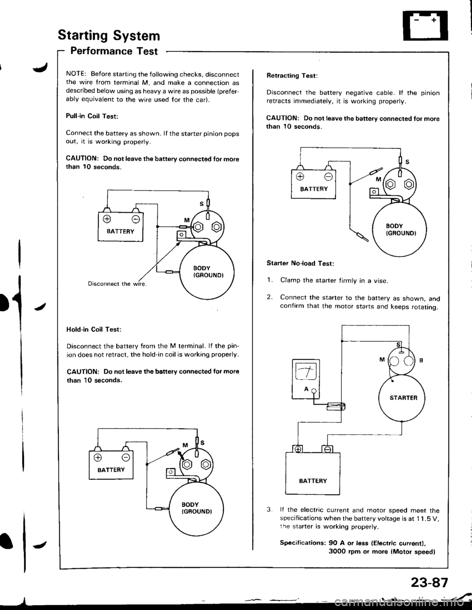 ACURA INTEGRA 1998 Service Repair Manual J
Starting System
Performance Test
NOTE: Before starting the following checks, disconnectthe wire from terminal M, and make a connection asdescribed below using as heavy a wire as possible (prefer
abl ACURA INTEGRA 1998 Service Repair Manual J
Starting System
Performance Test
NOTE: Before starting the following checks, disconnectthe wire from terminal M, and make a connection asdescribed below using as heavy a wire as possible (prefer
abl