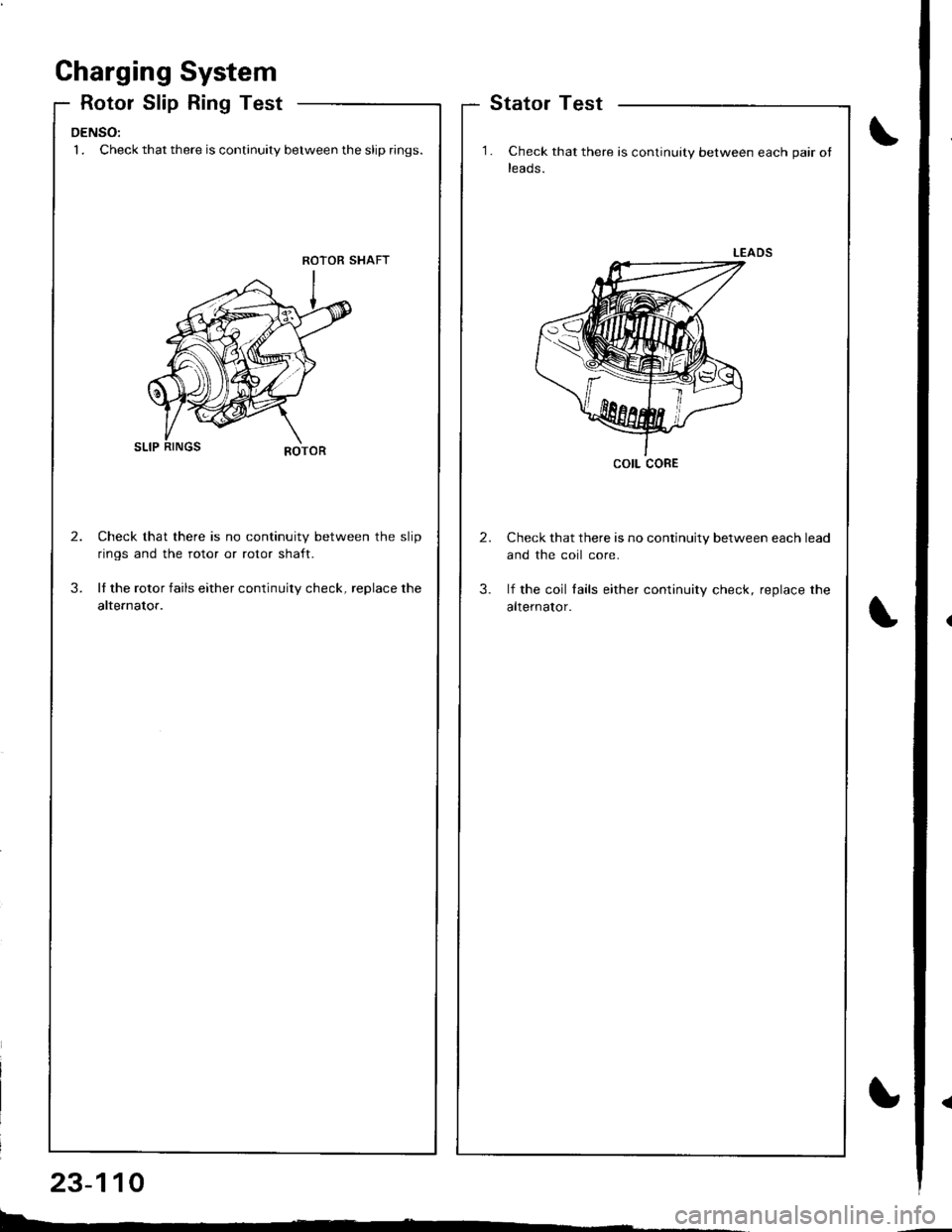 ACURA INTEGRA 1998  Service Repair Manual Charging System
Rotor Slip Ring Test
DENSO:l . Check that there is continuity between the slip rings.
ROTOR SHAFT
Check that there is no continuity between the slip
rings and the rotor or rotor shaft