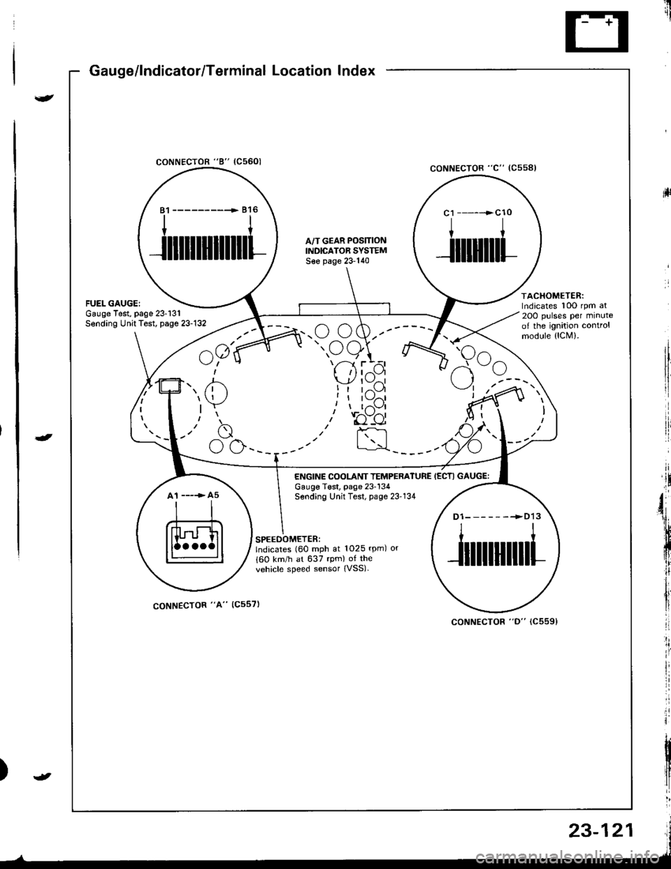 ACURA INTEGRA 1998  Service Repair Manual Gauge/lndicator/Terminal Location Index
coNNECTOR "8" (C5601
ltrii
rll
coNNECTOR "C" (Css8l
ACHOMETER:rdicates 10O rpm al
OO pulses per minutef the ignition controlrodule {lCM).
81 ------------ 816
il