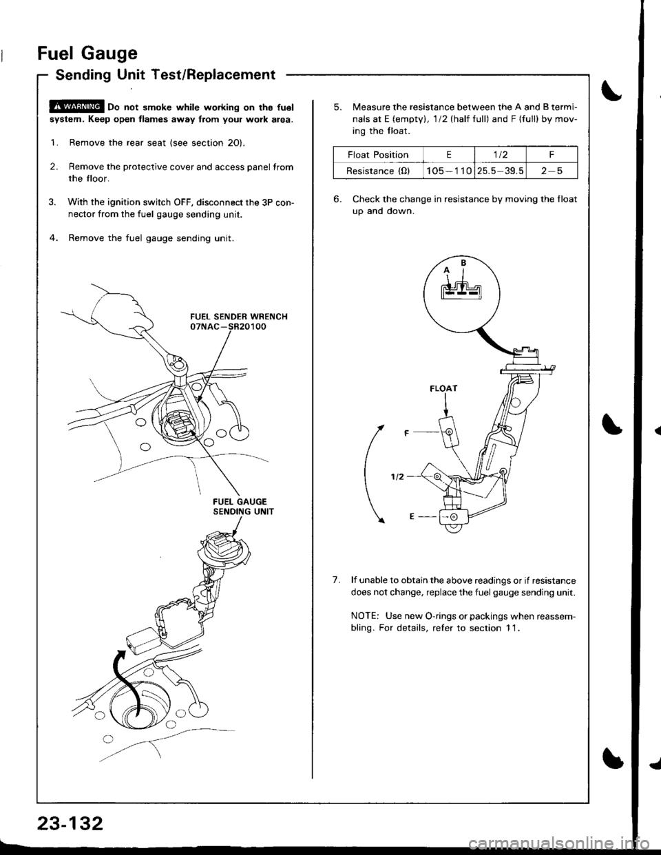 ACURA INTEGRA 1998  Service Repair Manual Fuel Gauge
Sending Unit Test/Replacement
@oo not smoke while working on tha fu6l
system. Keep open llames away trom youl work alea.
1. Remove the rear seat {see section 2O}.
2. Remove the protective c