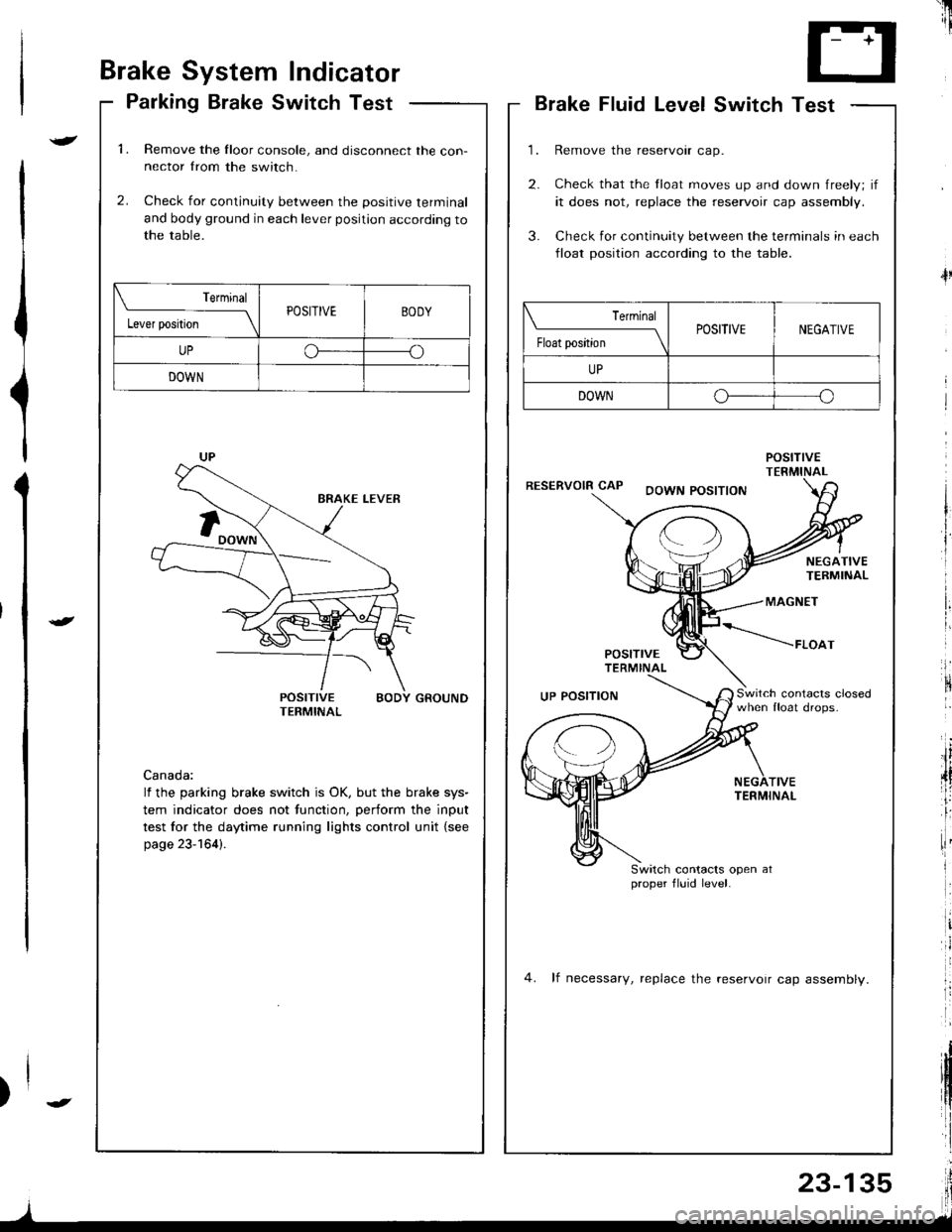 ACURA INTEGRA 1998 Service Repair Manual Brake System Indicator
Parking Brake Switch Test
1.Remove the Iloor console, and disconnect the con-nector from the switch.
Check for continuity between the positive terminal
and body ground in each l ACURA INTEGRA 1998 Service Repair Manual Brake System Indicator
Parking Brake Switch Test
1.Remove the Iloor console, and disconnect the con-nector from the switch.
Check for continuity between the positive terminal
and body ground in each l