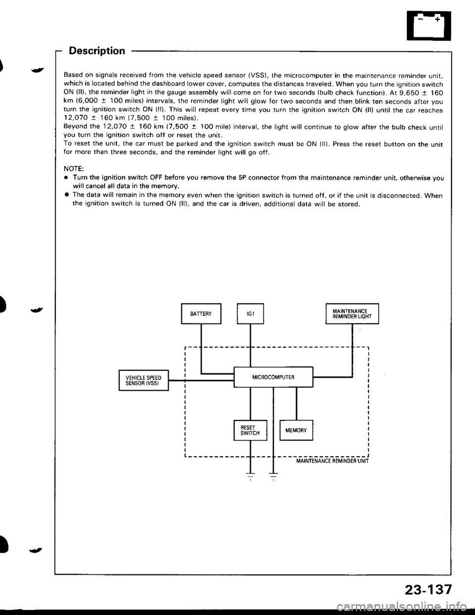 ACURA INTEGRA 1998 Service Repair Manual t
{)
)
Based on signals received from the vehicle speed sensor (VSS). the microcomputer in the maintenance reminder unit,which is located behind the dashboard lower cover, computes the distances trave ACURA INTEGRA 1998 Service Repair Manual t
{)
)
Based on signals received from the vehicle speed sensor (VSS). the microcomputer in the maintenance reminder unit,which is located behind the dashboard lower cover, computes the distances trave