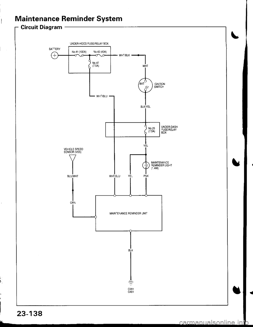 ACURA INTEGRA 1998  Service Repair Manual Maintenance Reminder System
Circuit Diagram
UNOER.HOOO FUSEIRELAY BOX
N0.41 (lmA) No 42 (40A)
MAINTENANCE REMINDER UNIT
8LK
c201G401
23-138 