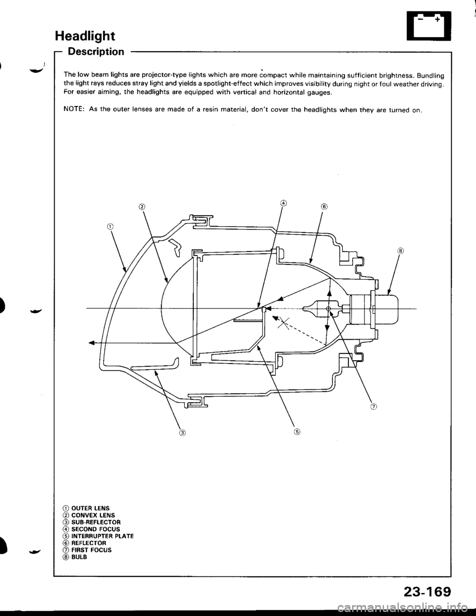ACURA INTEGRA 1998  Service Repair Manual )
Headlight
Description
The low beam lights are projector-type lights which are more compact while maintaining sufticient brightness. Bundlingthe light rays reduces stray light and yields a spotlight-