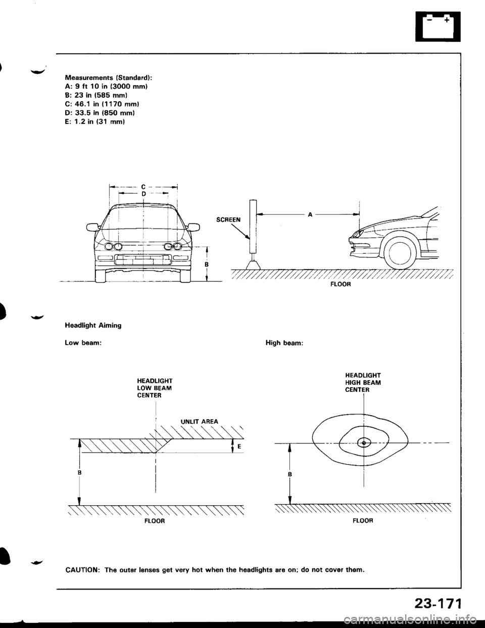 ACURA INTEGRA 1998  Service Repair Manual )
Measurements (Standard):
A: 9 ft 10 in (3000 mm)
B: 23 in (585 mml
C: 46.1 in (1170 mm)
D: 33.5 in (85O mm)
E: 1.2 in (31 mml
Headlight Aiming
Low beam:High beam:
HEADLIGHTLOW BEAMCENTER
FLOOR
FLOOR