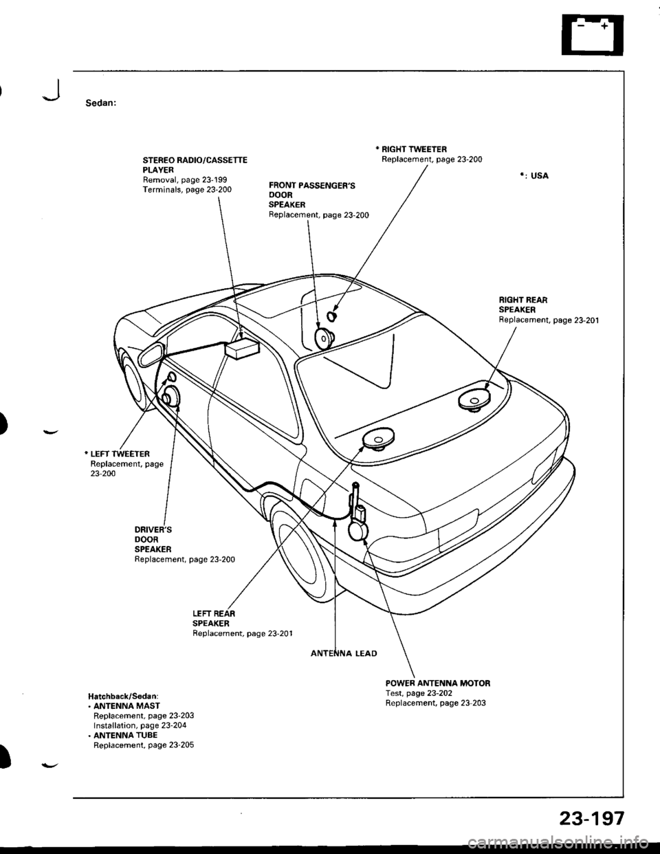 ACURA INTEGRA 1998  Service Repair Manual Sedan:
STEREO RADIO/CASSETTEPLAYERRemoval, page 23199Terminals, page 23-200
DRIVERSDOORSPEAKERReplacement, page 23-200
FRONT PASSENGERSooonSPEAKERBeplacement, page 23-200
* RIGHT TWEEIERReplacement