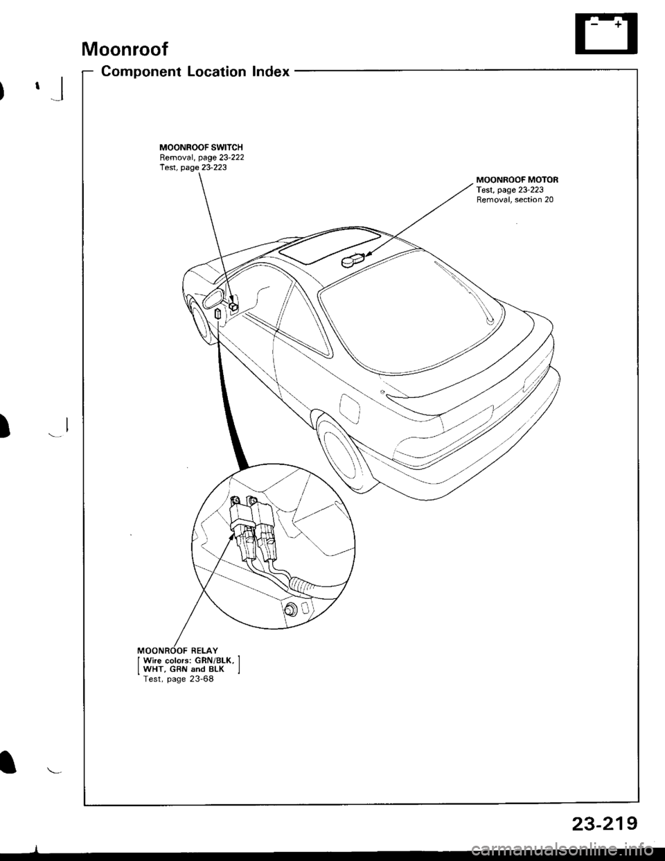 ACURA INTEGRA 1998  Service Repair Manual Moonroof
Component LocatiInde
.J
)
I
onx
J wire colors: GRN/BLK, ]IWHT, GRN and BLK ITest, page 23-68
23-219 