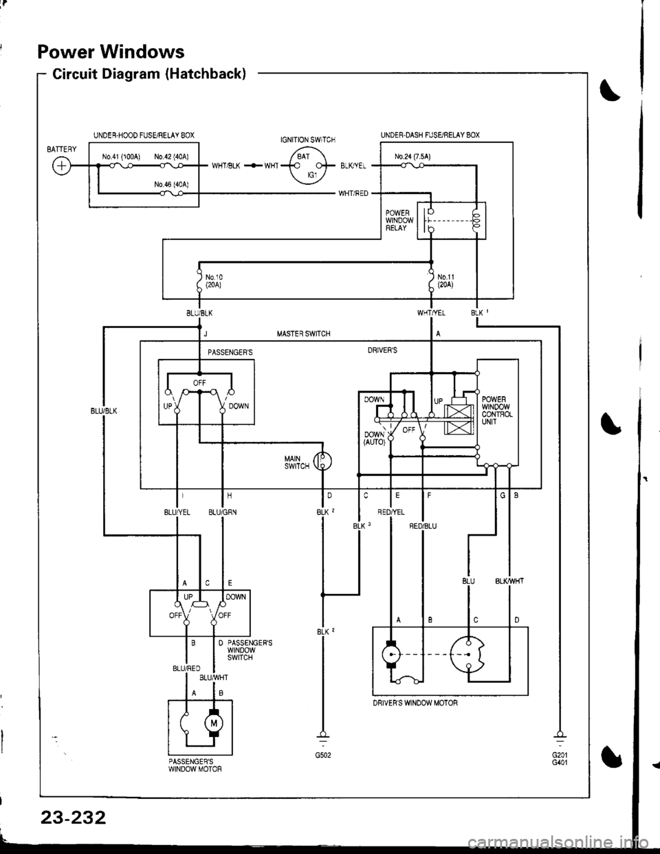 ACURA INTEGRA 1998  Service Repair Manual ir
Power Windows
Circuit Diagram (Hatchback)
IFED/BLU
DRIVERS WINDOW MOTOR
23-232 