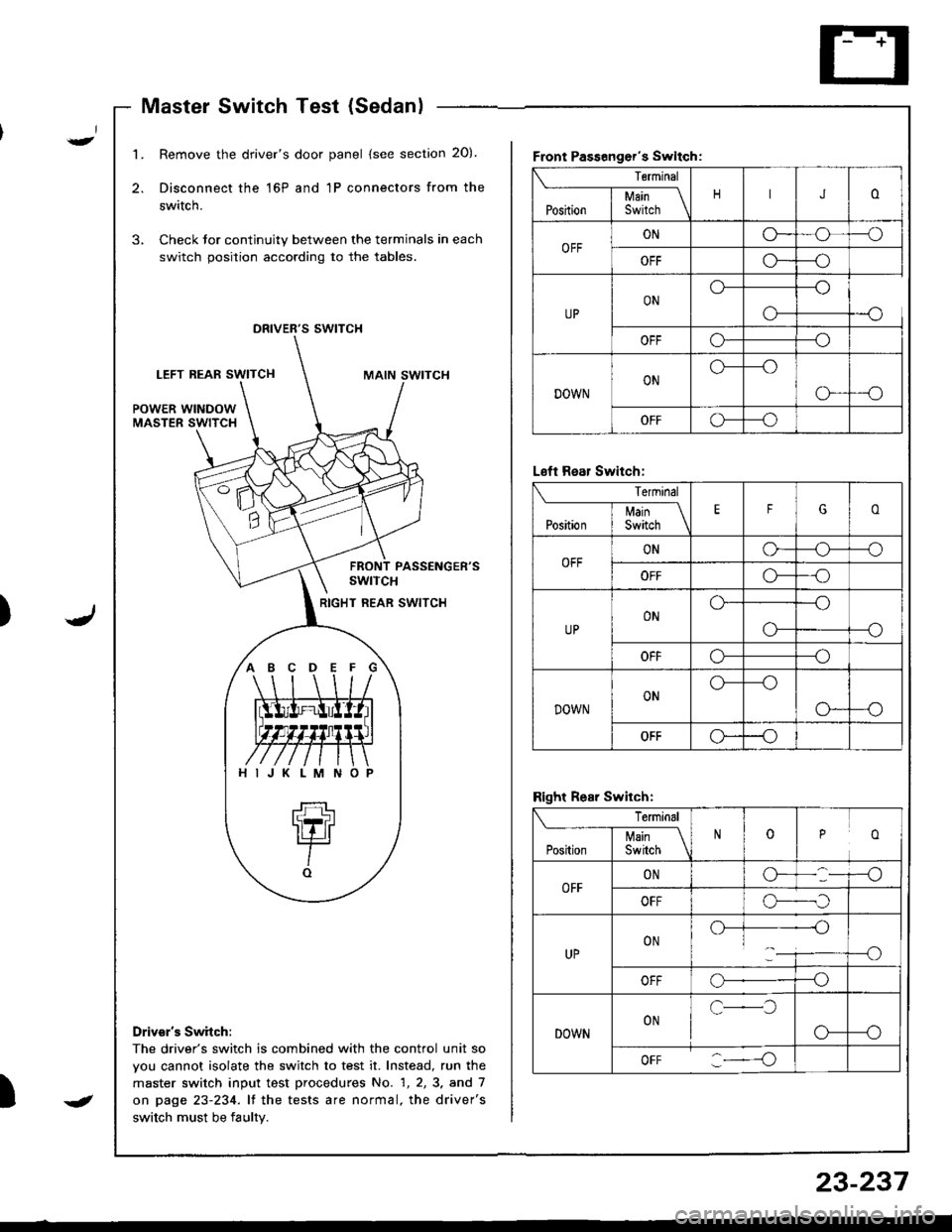 ACURA INTEGRA 1998  Service Repair Manual Master Switch Test (Sedanl
t
J)
I
1.Remove the drivers door panel (see section 20).
Disconnect the 16P and 1P connectors from the
switch.
Check Jor continuity between the terminals in each
switch po