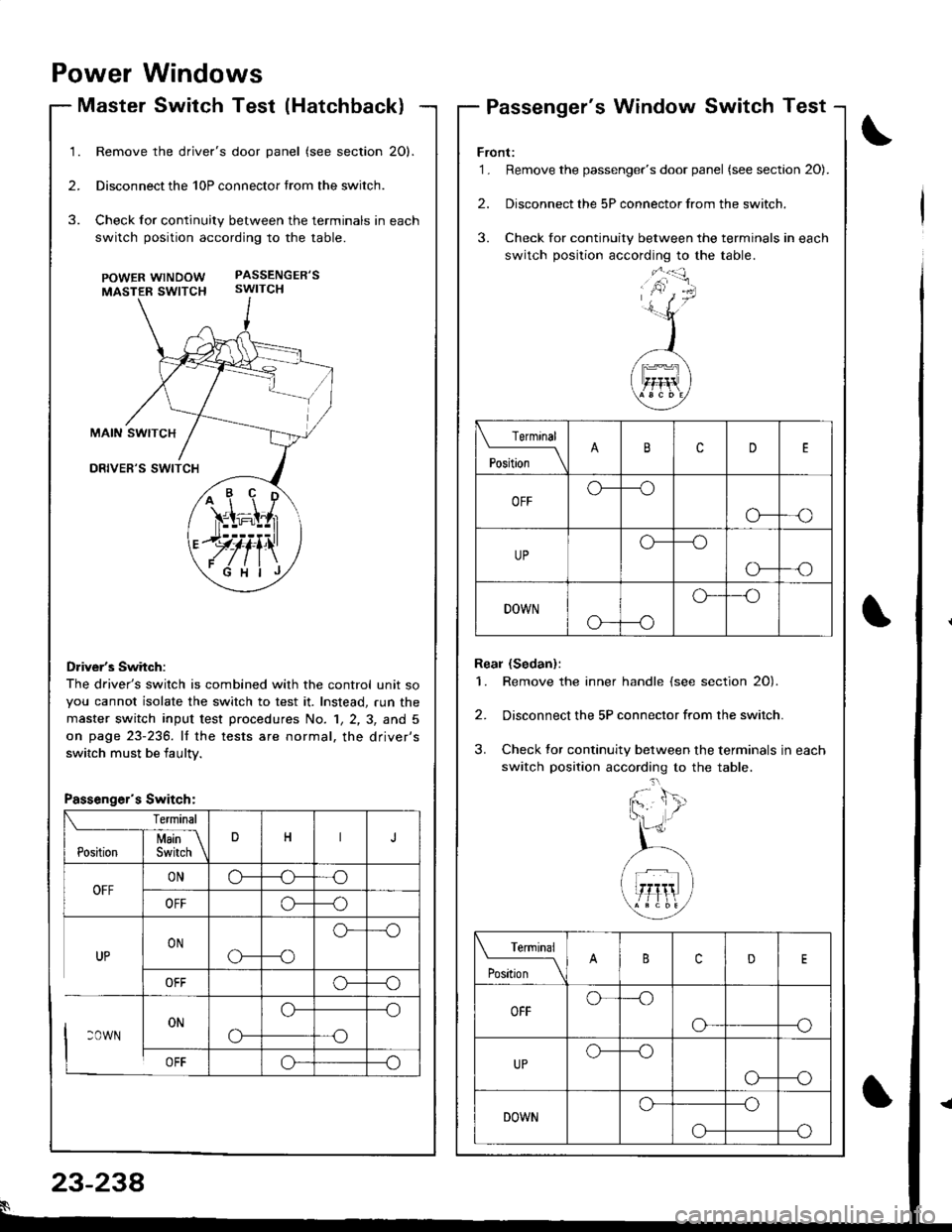 ACURA INTEGRA 1998  Service Repair Manual Power Windows
Master Switch Test (Hatchback)Passengers Window Switch Test
Remove the drivers door panel (see section 20).
Disconnect the 10P connector trom the switch.
Check for continuity between t