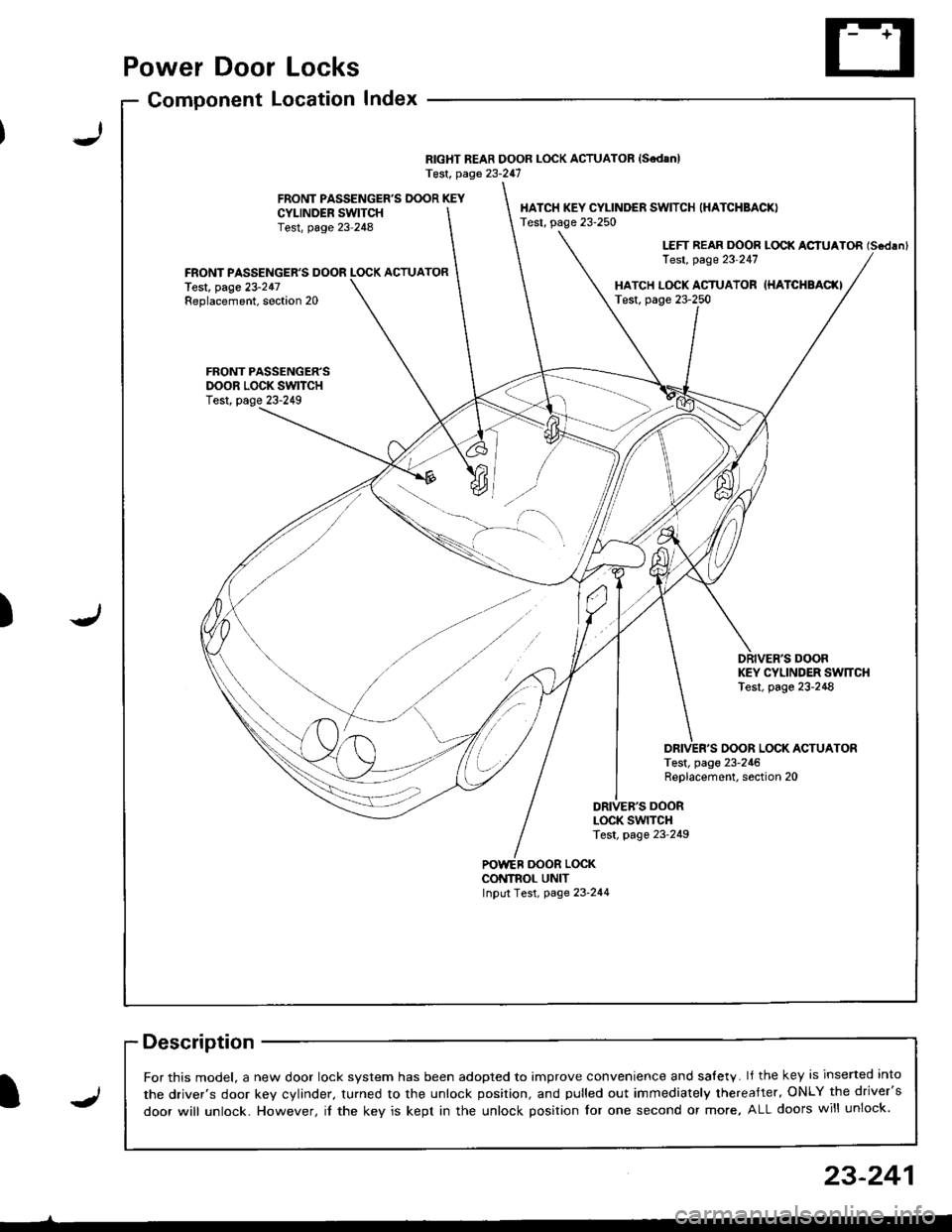ACURA INTEGRA 1998  Service Repair Manual Power Door Locks
Component LocationIndex
RIGHT REAR DOOR LOCK ACTUATOR {SedanlTest, page 23-247
FRONT PASSENGERS DOOR KEYCYI-INDER SWITCHTest, page 23-248
HATCH KEY CYLINDER SWITCH (HATCHBACK)
Test, 