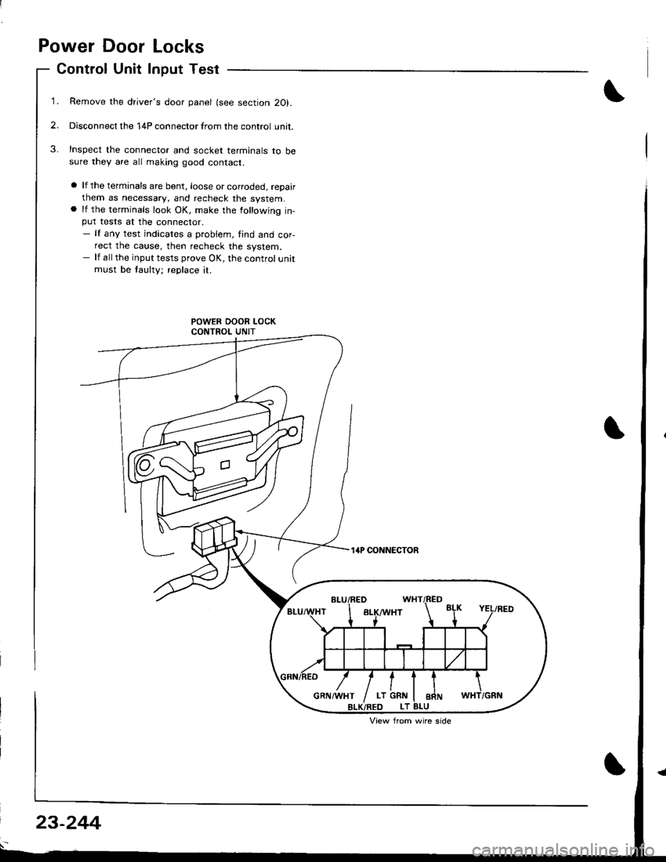 ACURA INTEGRA 1998  Service Repair Manual Power Door Locks
Control Unit Input Test
1.Remove the drivers door panel (see section 20).
Disconnect the 14P connector from the control unit,
Inspect the connector and socket terminals to besure the