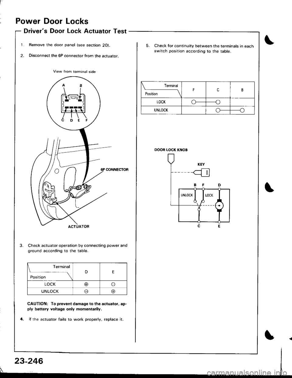 ACURA INTEGRA 1998  Service Repair Manual r
Power Door Locks
Drivers Door Lock Actuator Test
Remove the door panel (see section 20).
Disconnect the 6P connector from the actuator.
CONNECTOR
Check actuator operation by connecting power and
gr