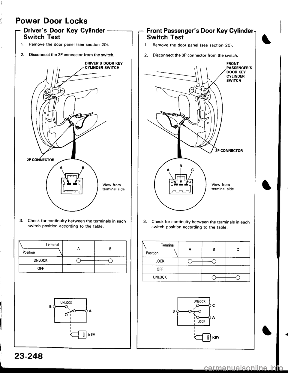 ACURA INTEGRA 1998  Service Repair Manual Power Door Locks
Drivers Door Key Cylinder
Switch Test
1. Remove the door panel (see section 20).
2. Disconnect the 2P connector f.om the switch.
terminal side
Check tor continuity between the termin
