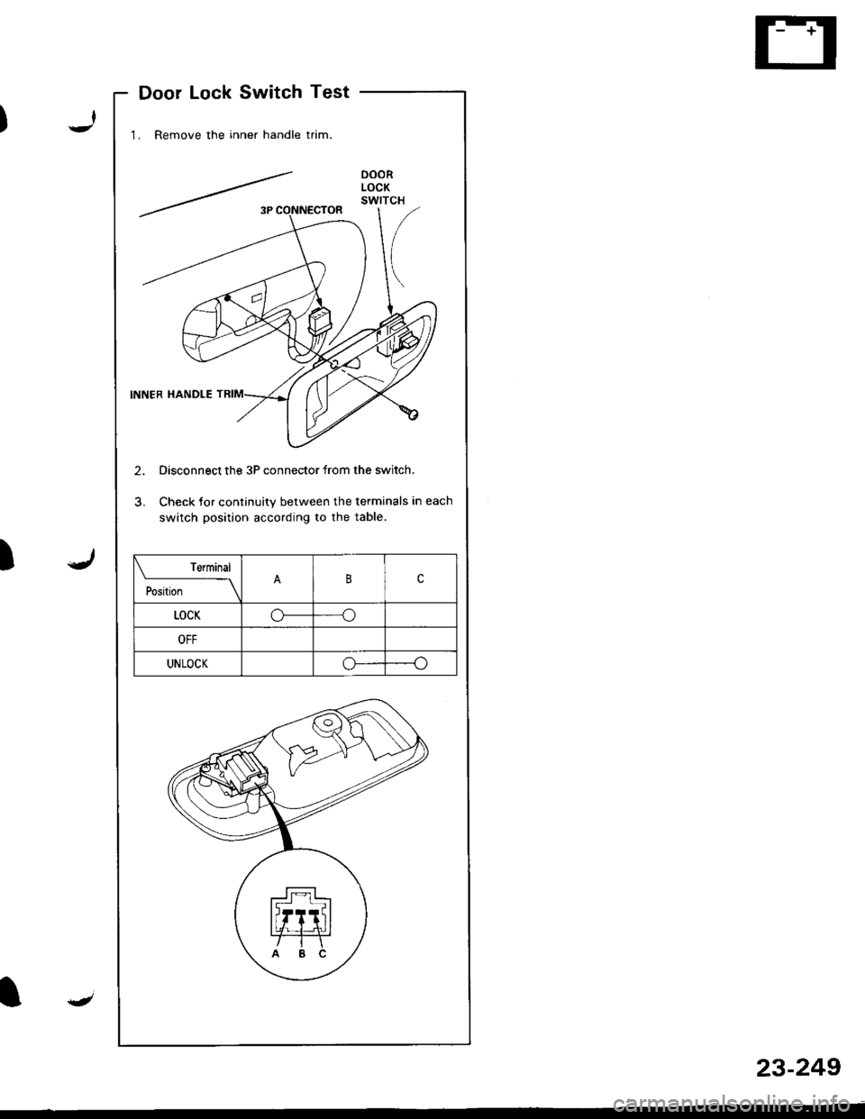ACURA INTEGRA 1998  Service Repair Manual Door Lock Switch Test
1. Remove the inner handle trim.
2. Disconnect the 3P connector from the switch.
3. Check tor continuity between the terminals in each
switch position according to the table.
)
o
