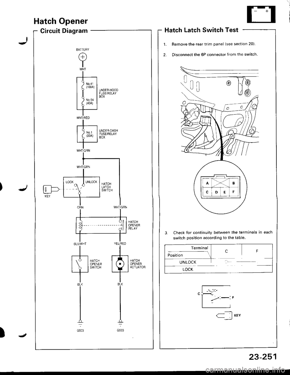 ACURA INTEGRA 1998  Service Repair Manual Hatch Opener
Circuit DiagramHatch Latch Switch Test
Remove the rear trim panel lsee section 20).
Disconnect the 6P connector from the switch.
3. Check for continuity between the terminals in each
swit