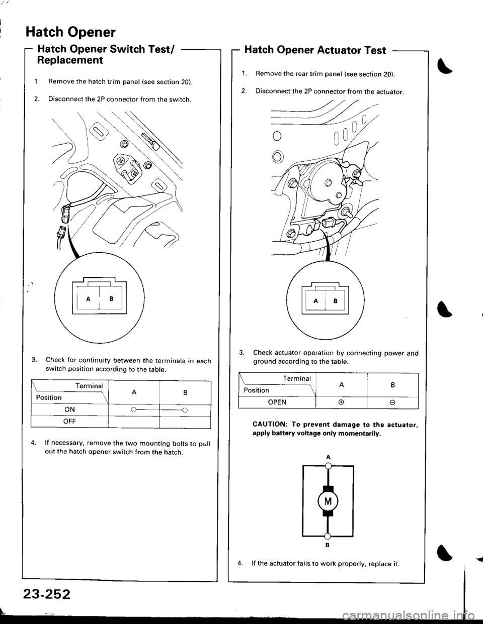 ACURA INTEGRA 1998  Service Repair Manual Hatch Opener
Hatch Opener Switch Test/
Replacement
Remove the hatch trim panel (see section 20).
Disconnect the 2P connector from the switch.
3. Check for continuity between the terminals in eachswatc