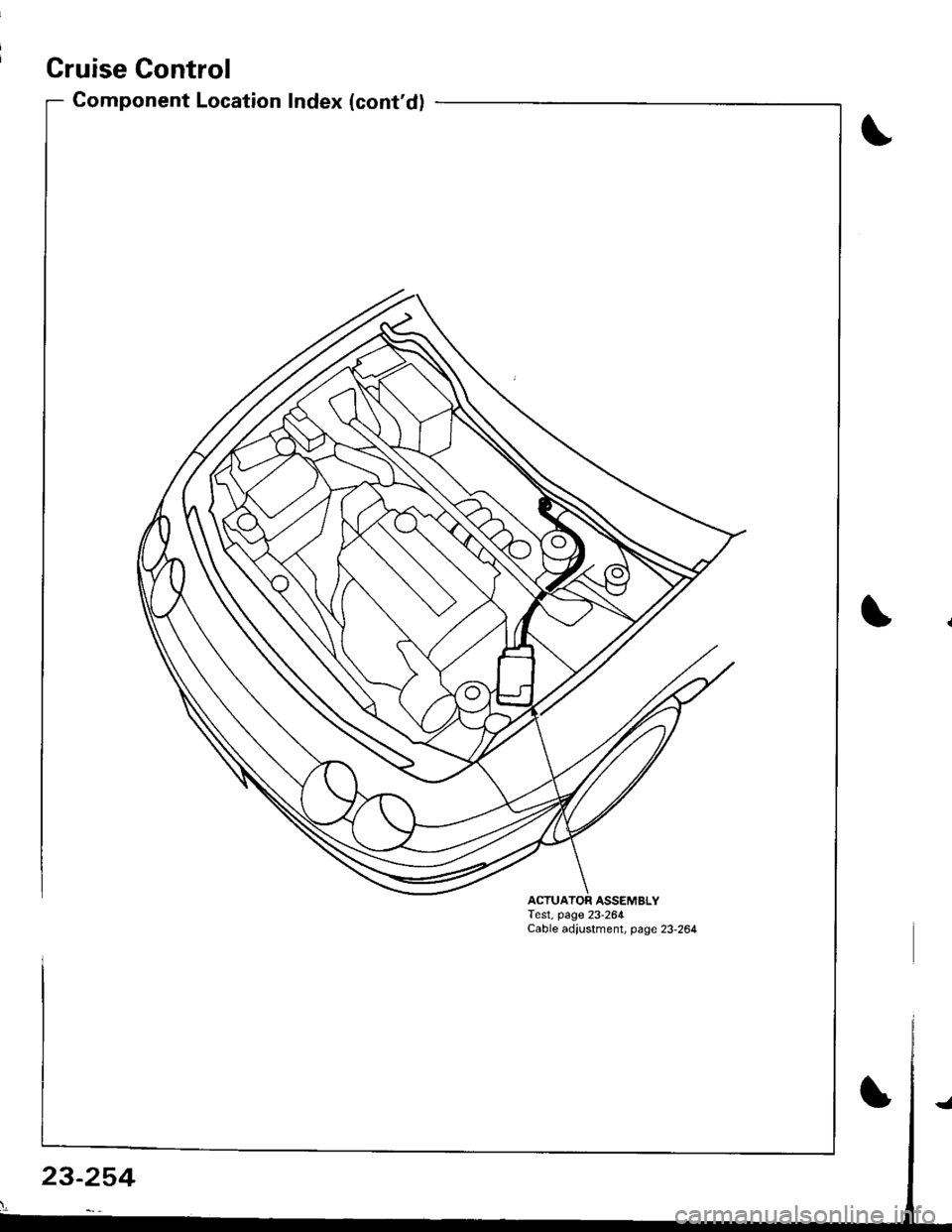 ACURA INTEGRA 1998  Service Repair Manual Cruise Control
Component Location Index (contd)
ACTUATOR ASSEMBLYTest, page 23-264Cable adjustment, page 23-264
23-254 