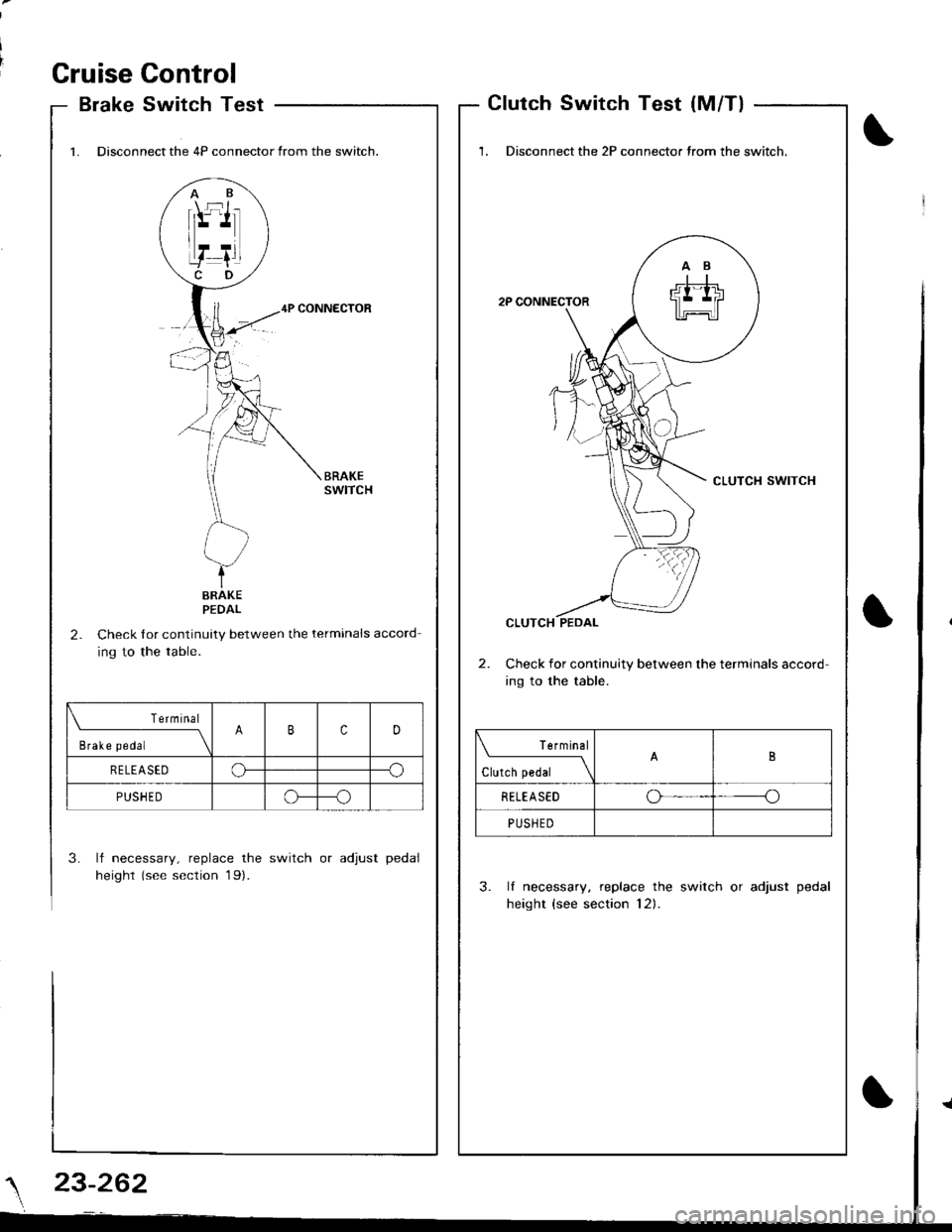 ACURA INTEGRA 1998  Service Repair Manual Gruise
- Brake
Control
Switch TestClutch Switch Test {M/T}
1. Disconnect the 4P connector from the switch.
4P CONNECTOR
2.Check lor continuity between the terminals accord
ing to the table.
3. lf nece