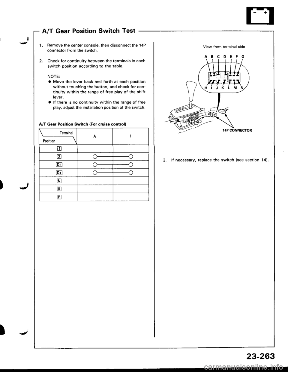 ACURA INTEGRA 1998  Service Repair Manual A/T Gear Position Switch Test
1.Remove the center console, then disconnect the 14P
connector from the switch.
Check for continuity between the terminals in each
switch position according to the table.