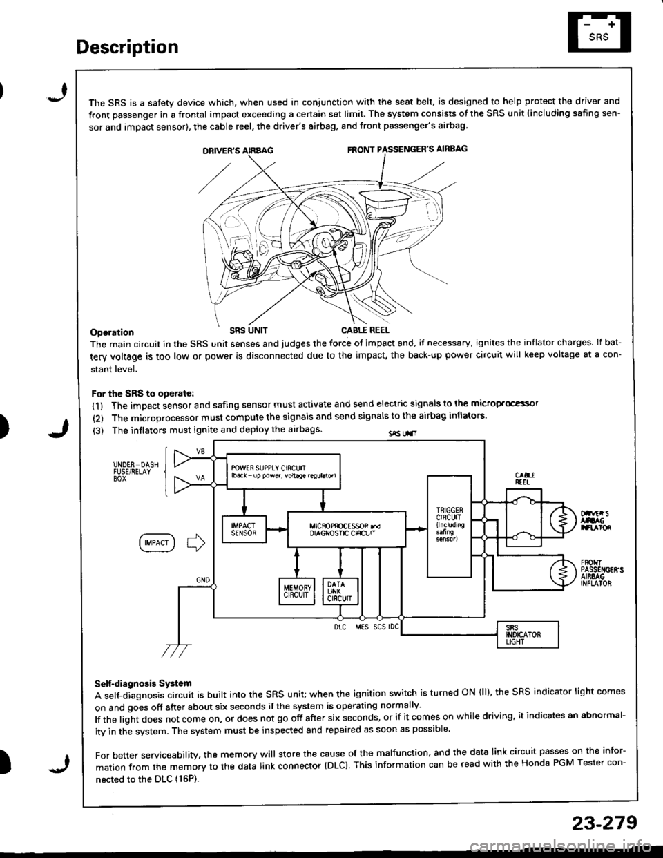 ACURA INTEGRA 1998  Service Repair Manual Description
I
J)
)
\ \, ili \.-.-1 i^\\,,; i \
The SRS is a safetv device which, when used in coniunction with the seat belt, is designed to help protect the driver and
front passenger in a frontal