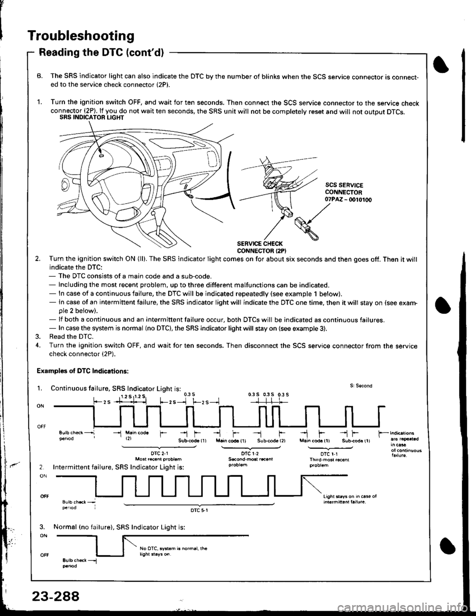 ! Linl Con.lac{or {DLC), tnd toalor nl -r t!'iF t tr -
indicat$ no DTC, or it indicates DTC $1 or DTC $2. doublechcd( b'Y iumdng $. !..vic. chd cdrE r€ --t
ing the SRS indicator light (see next p89€).
{cont'd)
minutes, be careful not to bump the
DATA LINK CONNECTOR (16P}
23-247
HONDA PGM TESTER
Page 1341 of 1680
![ACURA INTEGRA 1998 Service Repair Manual v
-t f--.l r --1 f-M.in cod. {11 S!b{od. (2}
oTcr2
-l F --{ FMain cod. (l) Sub-cod.11).--.Y-oTc r-rThndm6r.@6m
2
ON
light sl.ys on h ct36 or
Troubleshooting
Reading the DTC (contd)
B. The SRS indica ACURA INTEGRA 1998 Service Repair Manual v
-t f--.l r --1 f-M.in cod. {11 S!b{od. (2}
oTcr2
-l F --{ FMain cod. (l) Sub-cod.11).--.Y-oTc r-rThndm6r.@6m
2
ON
light sl.ys on h ct36 or
Troubleshooting
Reading the DTC (contd)
B. The SRS indica