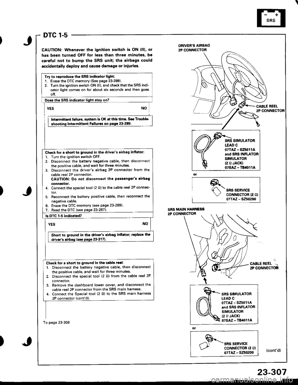 ACURA INTEGRA 1998 Service Repair Manual DTC 1-5
CAUTION: Whenever thc ignition switch i3 ON (lll, ot
has been turned OFF for less than throe minutss, bo
caretul not to bump the SRS unit; the airbsgs could
accidcntally deploy and cause damag ACURA INTEGRA 1998 Service Repair Manual DTC 1-5
CAUTION: Whenever thc ignition switch i3 ON (lll, ot
has been turned OFF for less than throe minutss, bo
caretul not to bump the SRS unit; the airbsgs could
accidcntally deploy and cause damag