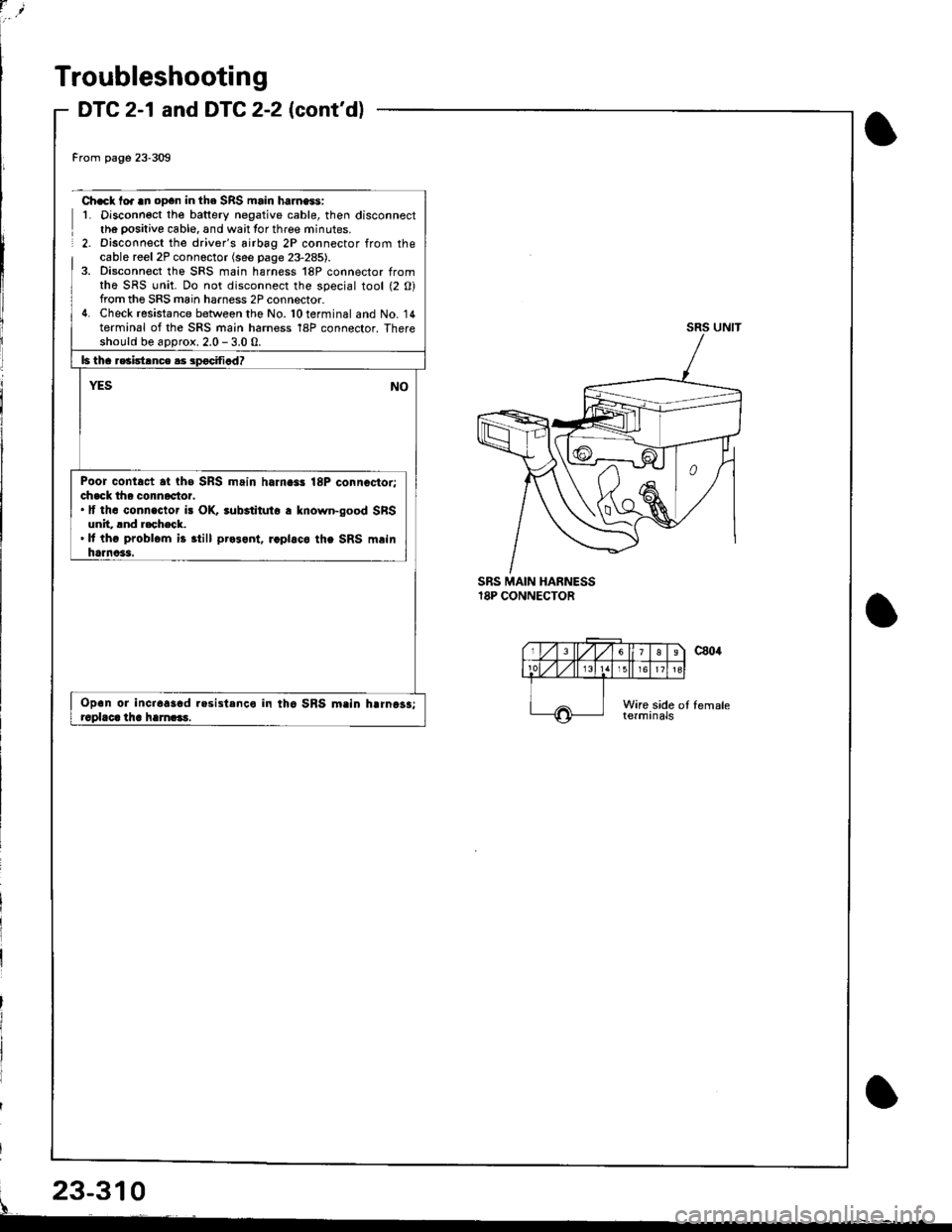 ACURA INTEGRA 1998  Service Repair Manual Troubleshooting
DTC 2-1 and DTC 2-2 (contd)
From page 233m
Ch.cl to. an oDan in the SRS main harness:L Disconnect the battery negative cable, then disconnectth6 oositive cable, and wait tor three m