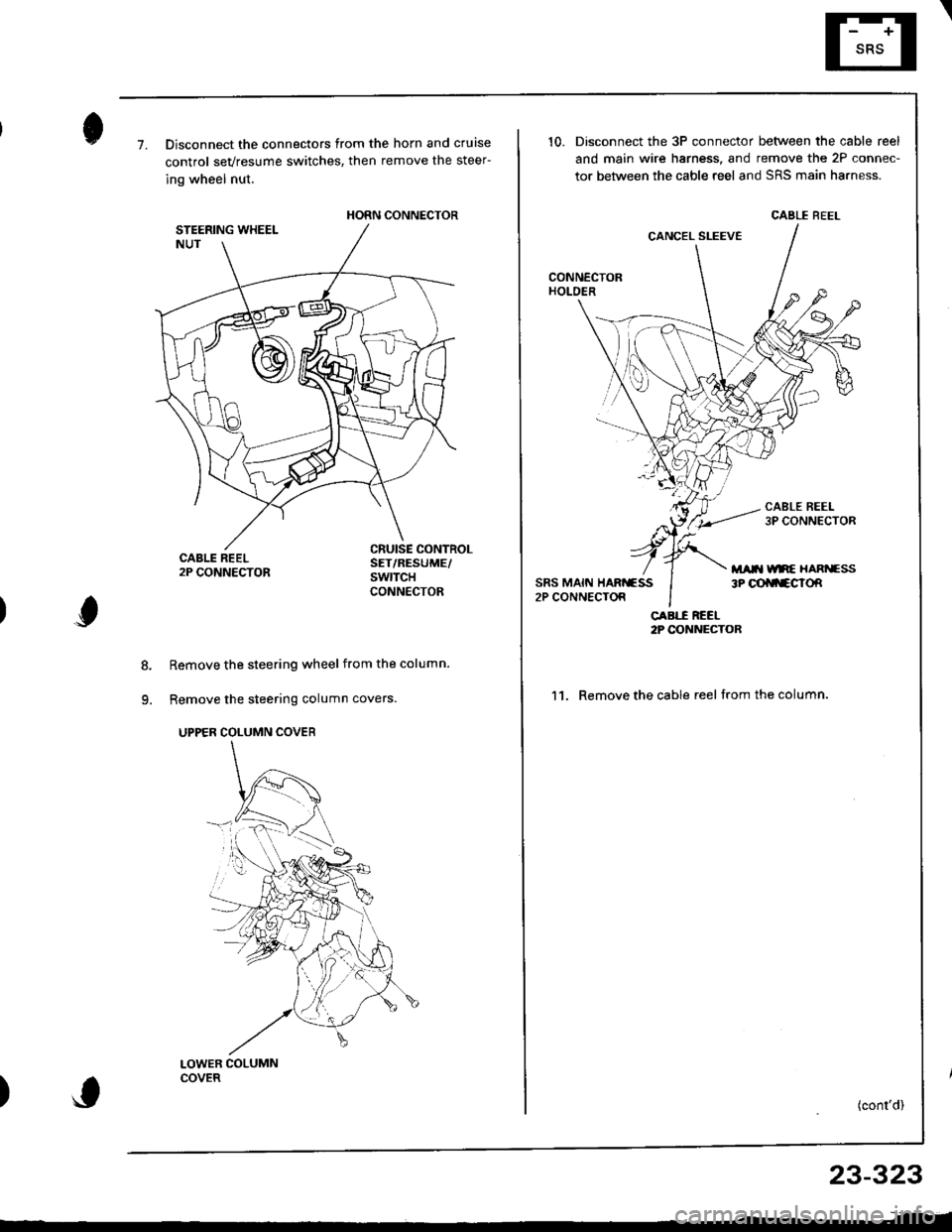 ACURA INTEGRA 1998  Service Repair Manual 7.Disconnect the connectors from the horn and cruise
control sevresume switches, then remove the steer-
ing wheel nut.
Remove the steering wheel from the column.
Remove the steering column covers
UPPE