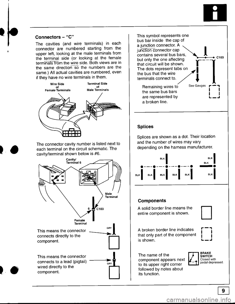 ACURA INTEGRA 1998 Service Repair Manual I
I
)
Connectors - "C"
The cavities (and wire terminals) in each
connector are numbered starting from the
upper left, looking at the male termlnals from
the terminal side (or looking at the female
ter ACURA INTEGRA 1998 Service Repair Manual I
I
)
Connectors - "C"
The cavities (and wire terminals) in each
connector are numbered starting from the
upper left, looking at the male termlnals from
the terminal side (or looking at the female
ter