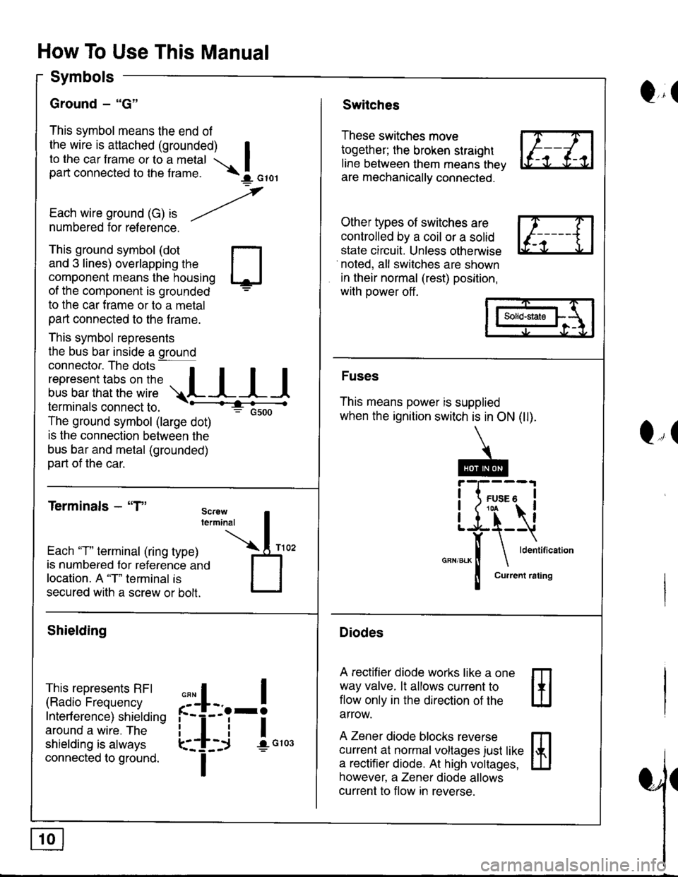 ACURA INTEGRA 1998 Service Repair Manual How To Use This Manual
Symbols
Ground - "G"
This symbol means the end of
the wire is attached (grounded) Ito the car frame or to a metal Ipart connected to the f rame. \I orol
,
Each wire ground (G) ACURA INTEGRA 1998 Service Repair Manual How To Use This Manual
Symbols
Ground - "G"
This symbol means the end of
the wire is attached (grounded) Ito the car frame or to a metal Ipart connected to the f rame. \I orol
,
Each wire ground (G)