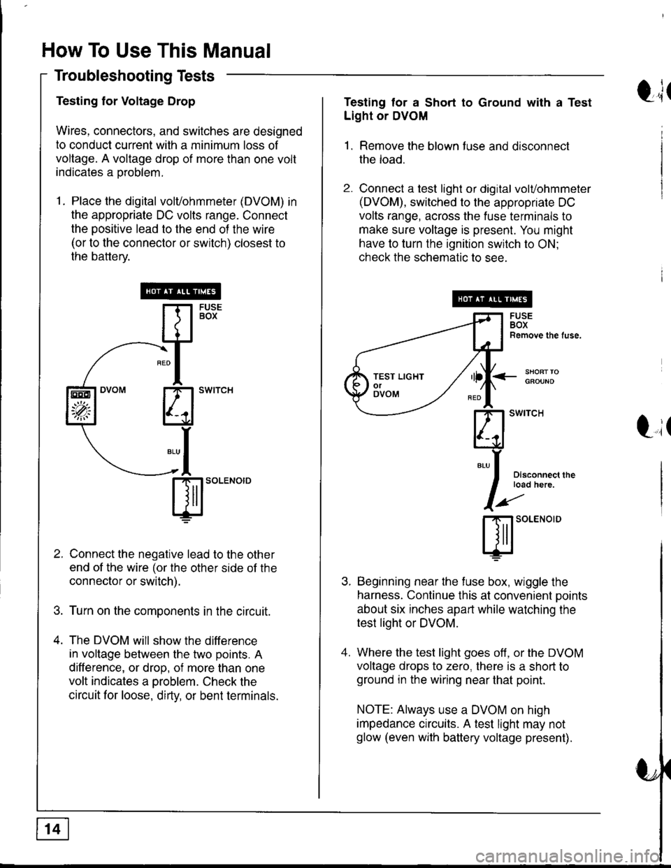 ACURA INTEGRA 1998 Service Repair Manual How To Use This Manual
Troubleshooting Tests
Testing for Voltage Drop
Wires, connectors, and switches are designed
to conduct current with a minimum loss of
voltage. A voltage drop of more than one vo ACURA INTEGRA 1998 Service Repair Manual How To Use This Manual
Troubleshooting Tests
Testing for Voltage Drop
Wires, connectors, and switches are designed
to conduct current with a minimum loss of
voltage. A voltage drop of more than one vo