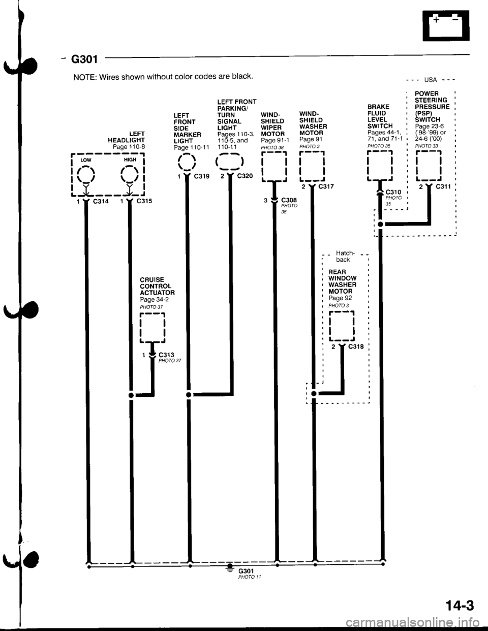 ACURA INTEGRA 1998  Service Repair Manual - G301
NOTE: Wires shown without color codes are black.
LEFT FBONTPARKING/LEFT TURN WIND.FRONT SIGNAL SHIELDSIDE LIGHT WIPER
()l
2Y c320 |
--- usA ---
. POWERi sreentlc :BRAKE . PRESSURE ;FLUID  (PsP