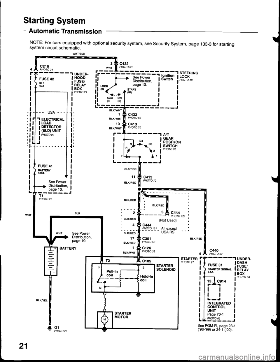 ACURA INTEGRA 1998  Service Repair Manual - Automatic Transmission
NorE: For cars equipped with optional security system, see security system, page 13g-3 tor startrngsystem circuit schematic.
Starting System
c216
FUSE 42tGt
UNDER-HOODFUSE/REL