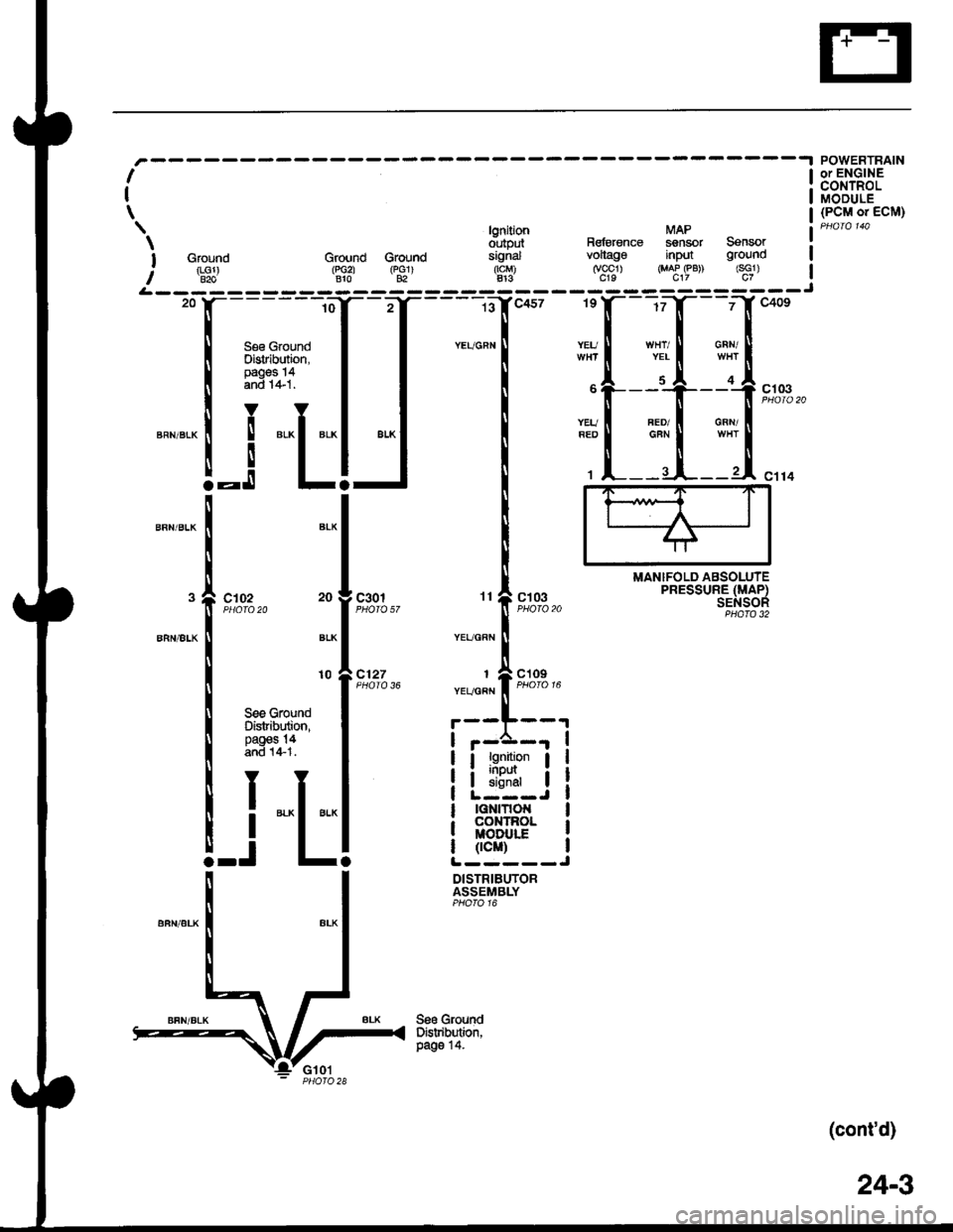 ACURA INTEGRA 1998  Service Repair Manual  lgnition MAP
 d,rtput Rsfetenag sensor Sensor
I Ground Ground Groud signal vollago input ground
: rLGl) (r,Gzl rpclr rtcM) (vccl) {MAP eB) (sG1)I B2o Blo 82 413 c19 c17 c7
I
I
\
MANIFOLD ABSOLUTEPRE
