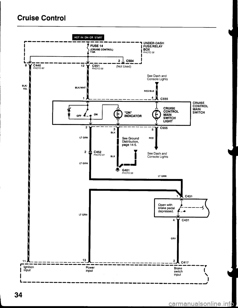 ACURA INTEGRA 1998  Service Repair Manual Cruise Control
Ft sE 14
{crulsE CO}nnoL}
------ 2J =r*--i
(Not Used)
lhy
I input \t
L------- ______J
UNDER.DASHFUSE/RELAYBOXI
" | ,c#:.*12c551
CRUISECONTROLMAINswrTcH
-:1, c555
neo I
I
See Dash andCo