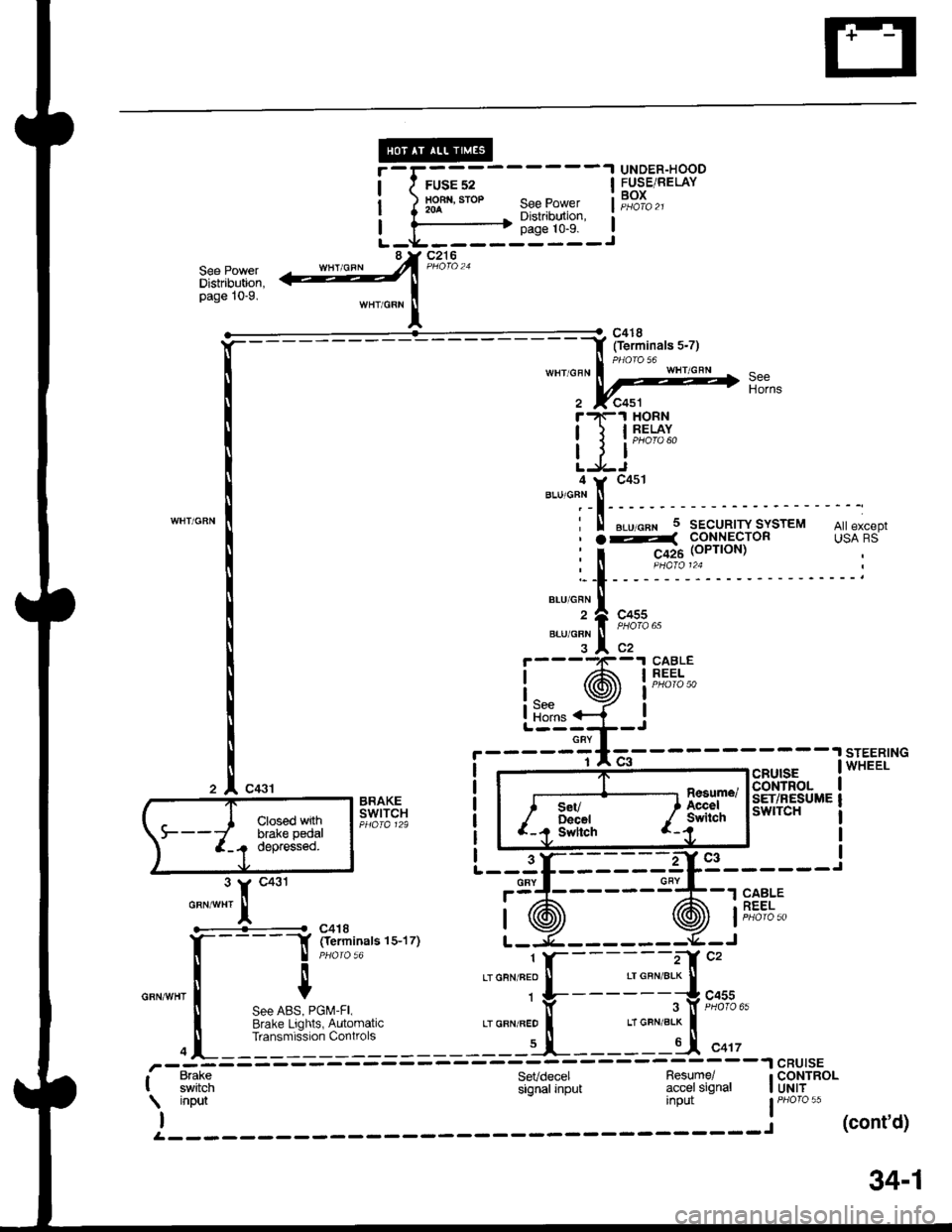 ACURA INTEGRA 1998  Service Repair Manual FUSE 52HOBI|, STOP20A
c216
UNDER-HOODFUSE/RELAYBOXSee PowerDistribution,page 10-9.
See Powe.Distribution,page 10-9.
WHT/GRN
Cosed withl--f uiiiipna-a depressed.
c418(Termlnals 5-7)
WHT/GFN
-l -..1113