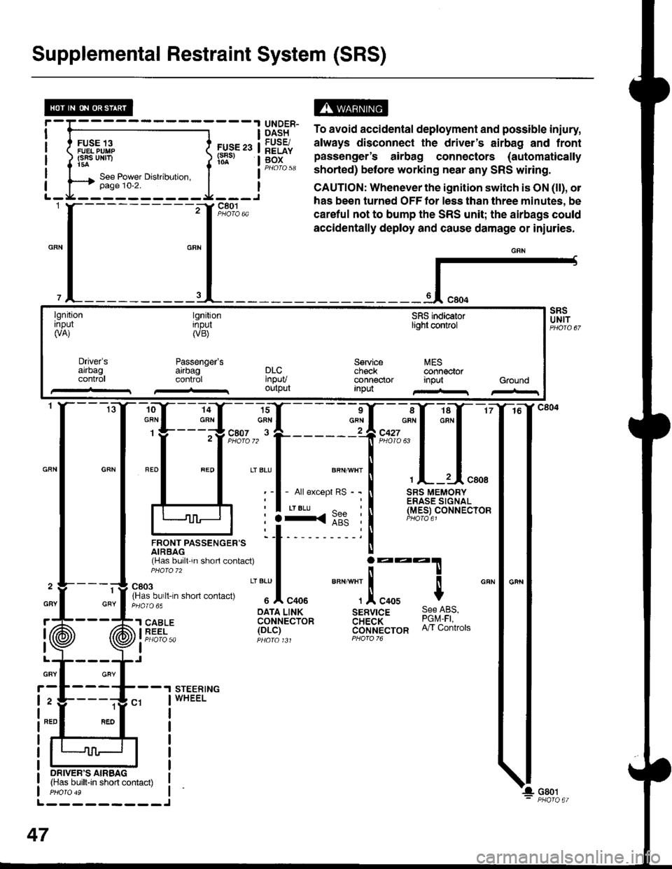 ACURA INTEGRA 1998  Service Repair Manual Supplemental Restraint System (SRS)
FUSE 13FUEL PUIIP(SRS UNF)t5a
FUS€ 23(s8s)
ts13t5" To avoid accidental deployment and possible iniury,
lq9Fr. always disconnect the drivers airbag and frontg[f" 