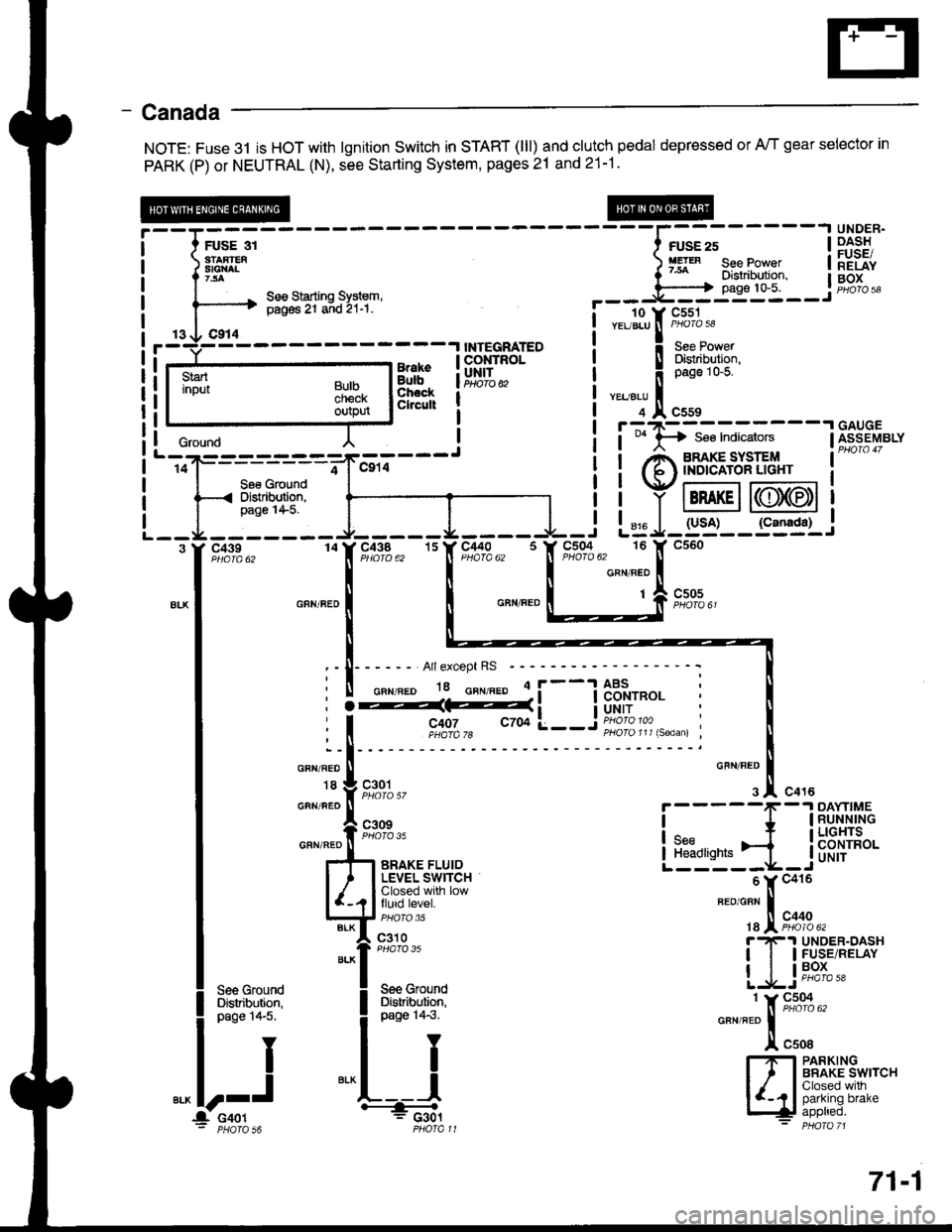 ACURA INTEGRA 1998 Service Repair Manual - Canada
NOTE: Fuse 3l is HOT with lgnition Switch in START (lll) and clutch pedal depressed or A/T gear selector in
PARK (P) or NEUTRAL (N), see Starting System, pages 21 and 21-1.
;;;----
----l;";; ACURA INTEGRA 1998 Service Repair Manual - Canada
NOTE: Fuse 3l is HOT with lgnition Switch in START (lll) and clutch pedal depressed or A/T gear selector in
PARK (P) or NEUTRAL (N), see Starting System, pages 21 and 21-1.
;;;----
----l;";;