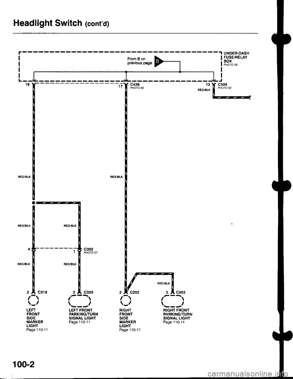 ACURA INTEGRA 1998  Service Repair Manual Headlight Switch (contd)
-.I UNDER.OASH
From B onpr€vious page.
FUSE/RELAYBOX
t8
2 | C319
c302
LEFTFRONTSIDEMARKERLIGHTPage 110-11
3 l C320
LEFT FRONTPARKING/TURNSIGNAL LIGHTPage 1 10-11
RIGHTFR