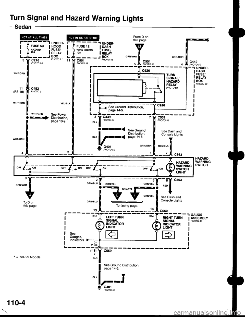 ACURA INTEGRA 1998  Service Repair Manual Turn Signal and Hazard Warning Lights
From D onthis page.
v
i"""*l.!, 
F,*%.,r
- Sedan
11 Y C551GRN/OFN
4
rT----l UNDER.I I FUSE 12 | DASH
i ) TH"uo". i[EiE{,L j.___-J BOXc216
c452
WHT/GRN
TURNSIGN